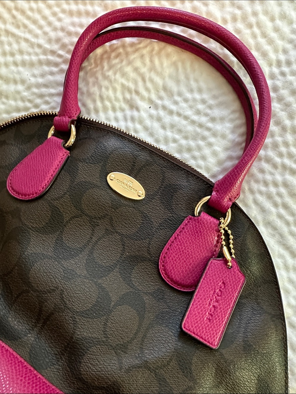 Coach Brown Signature Satchel with Pink Trim and Handles - Picture 2 of 7